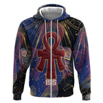 Isis Ankh Symbol Zip Hoodie with Celestial Wings in Ancient Egyptian Cosmic