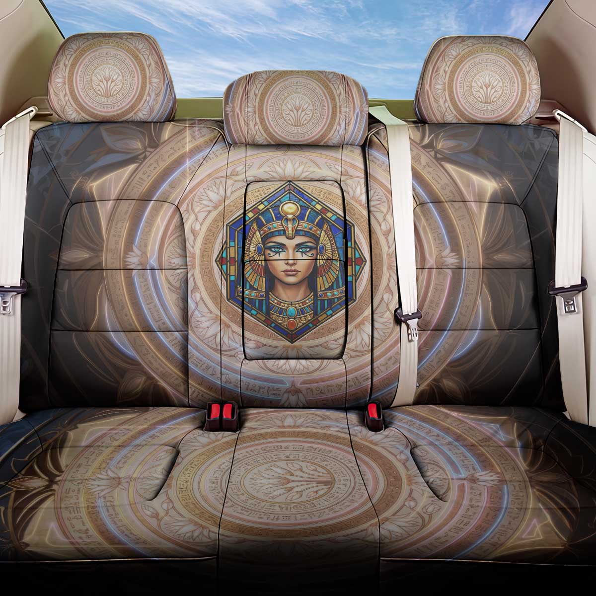 Isis Back Car Seat Cover with Falcon Symbol and Sacred Geometry in Egyptian