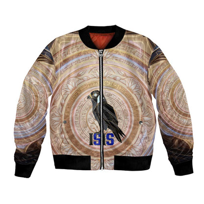 Isis Bomber Jacket with Falcon Symbol and Sacred Geometry in Egyptian