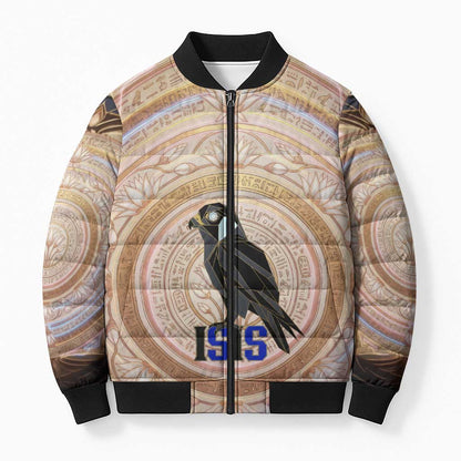 Isis Bomber Puffer Jacket with Falcon Symbol and Sacred Geometry in Egyptian