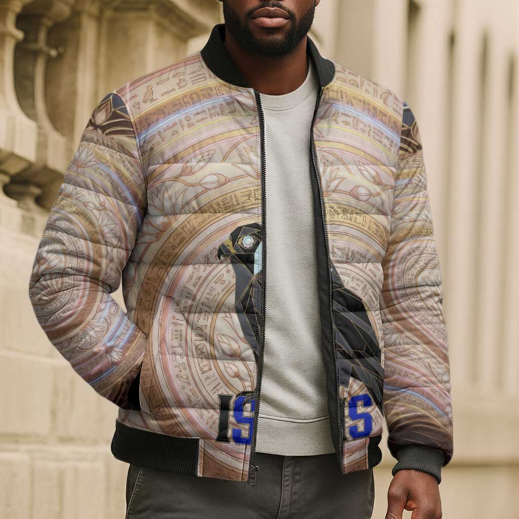 Isis Bomber Puffer Jacket with Falcon Symbol and Sacred Geometry in Egyptian