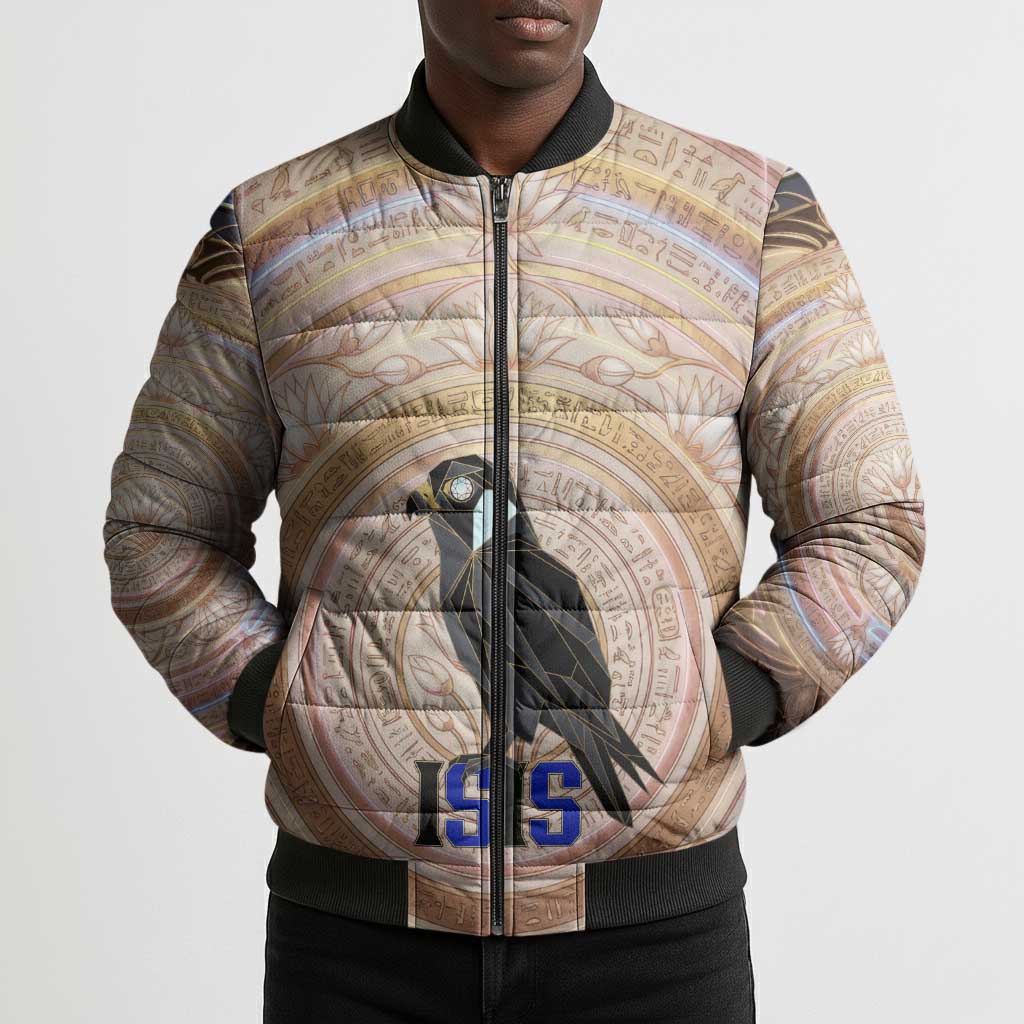 Isis Bomber Puffer Jacket with Falcon Symbol and Sacred Geometry in Egyptian