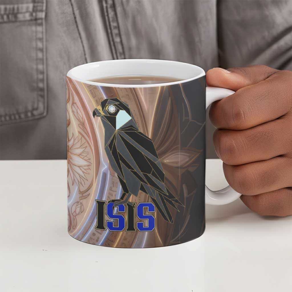 Isis Ceramic Mug with Falcon Symbol and Sacred Geometry in Egyptian