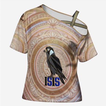 Isis Cross Shoulder Shirt with Falcon Symbol and Sacred Geometry in Egyptian