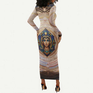 Isis Long Sleeve Bodycon Dress with Falcon Symbol and Sacred Geometry in Egyptian