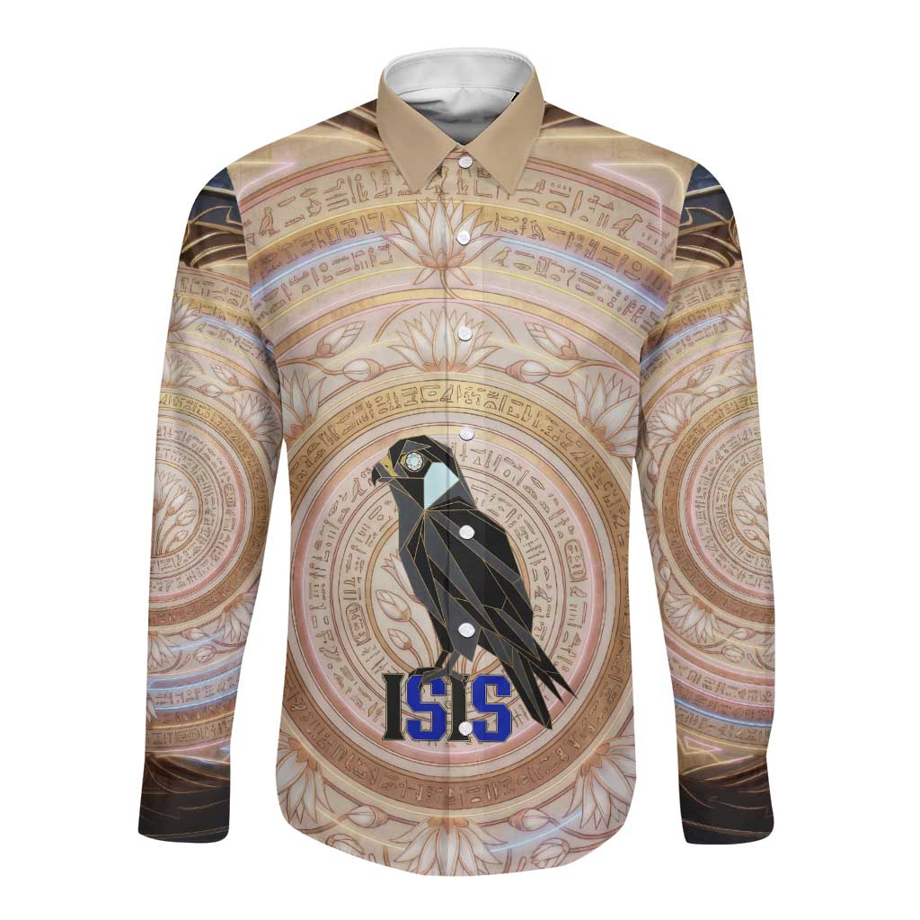 Isis Long Sleeve Button Shirt with Falcon Symbol and Sacred Geometry in Egyptian