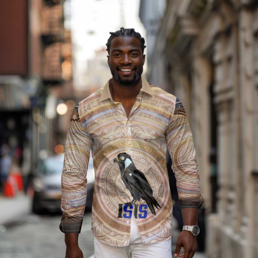 Isis Long Sleeve Button Shirt with Falcon Symbol and Sacred Geometry in Egyptian
