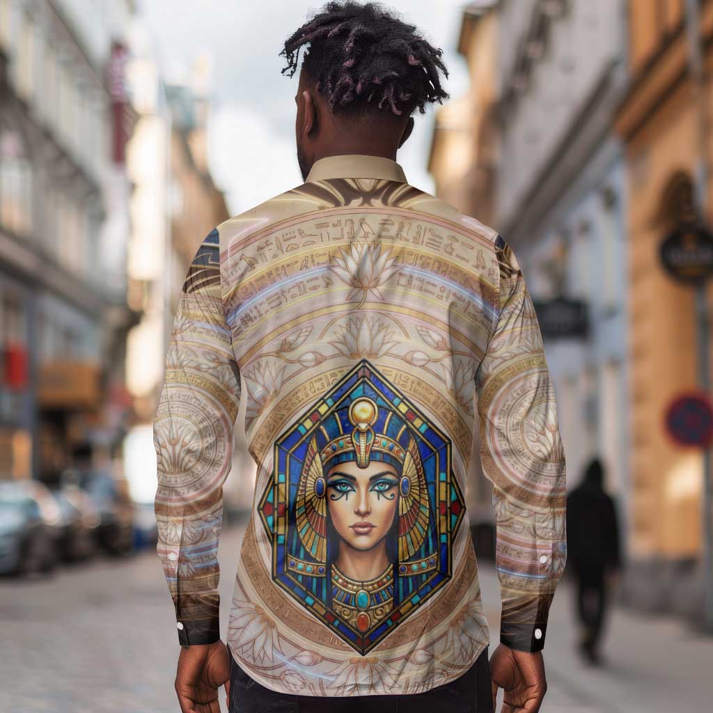 Isis Long Sleeve Button Shirt with Falcon Symbol and Sacred Geometry in Egyptian