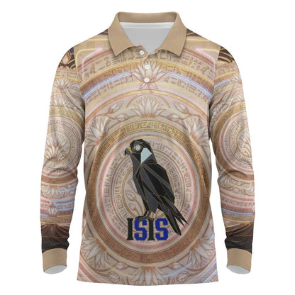 Isis Long Sleeve Polo Shirt with Falcon Symbol and Sacred Geometry in Egyptian
