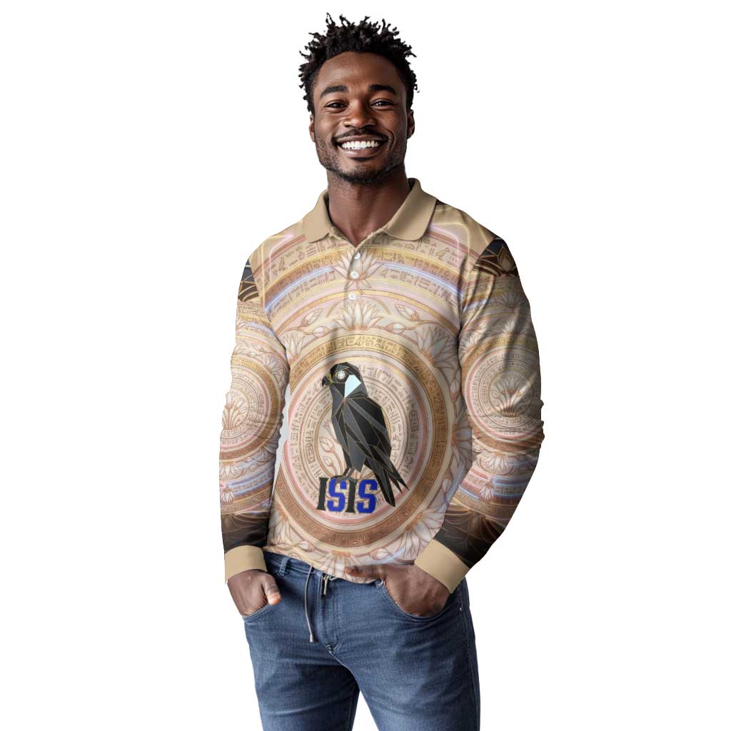 Isis Long Sleeve Polo Shirt with Falcon Symbol and Sacred Geometry in Egyptian