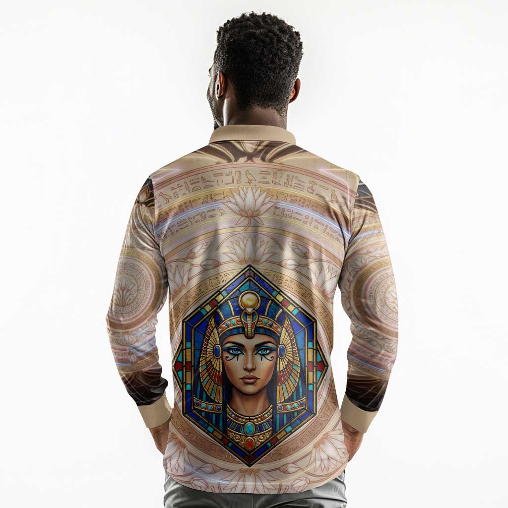 Isis Long Sleeve Polo Shirt with Falcon Symbol and Sacred Geometry in Egyptian