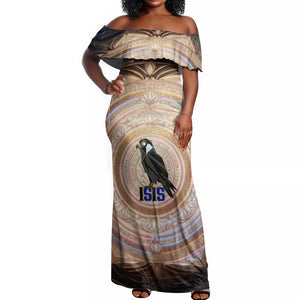 Isis Off Shoulder Maxi Dress with Falcon Symbol and Sacred Geometry in Egyptian