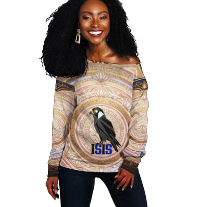 Isis Off Shoulder Sweater with Falcon Symbol and Sacred Geometry in Egyptian