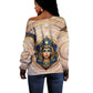 Isis Off Shoulder Sweater with Falcon Symbol and Sacred Geometry in Egyptian