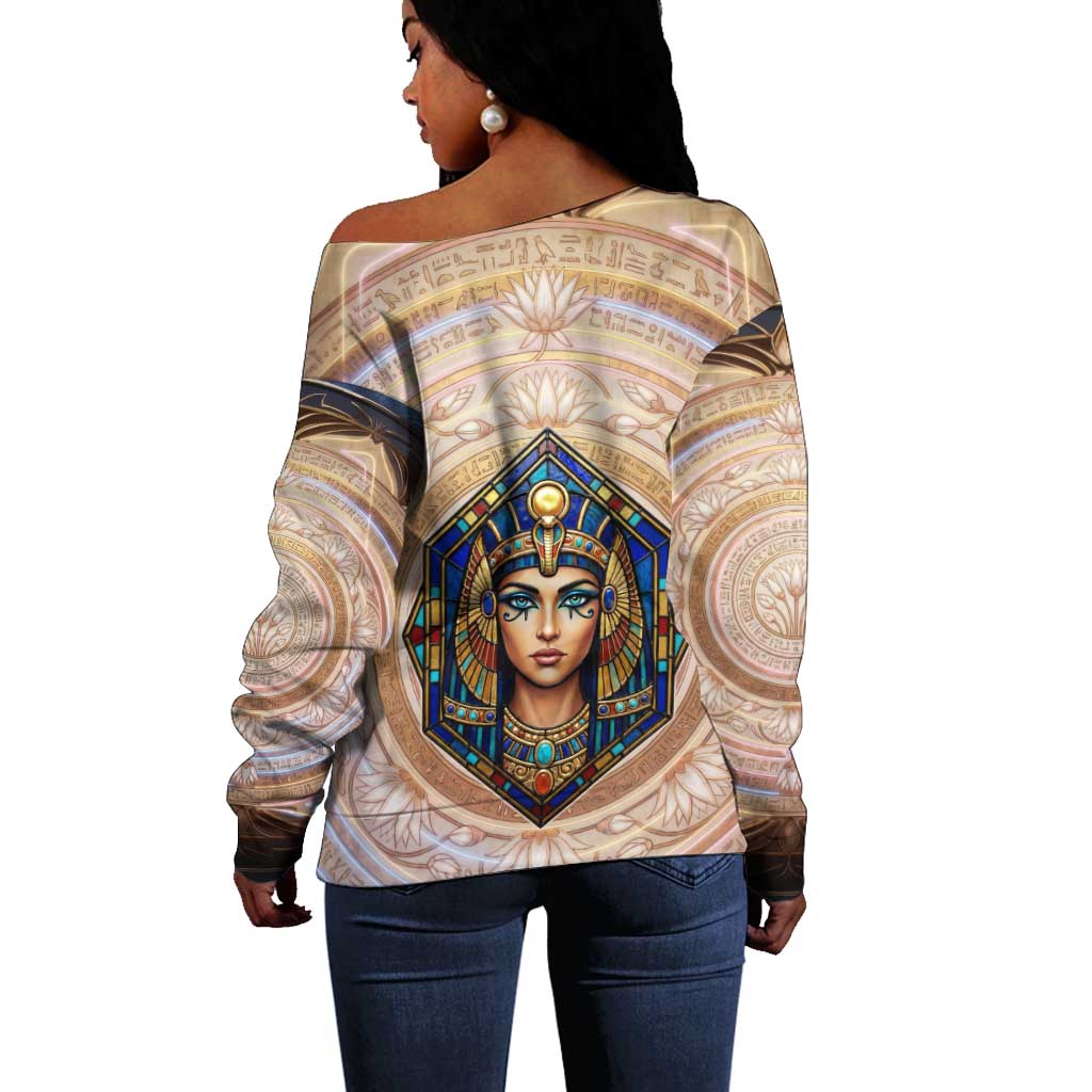 Isis Off Shoulder Sweater with Falcon Symbol and Sacred Geometry in Egyptian
