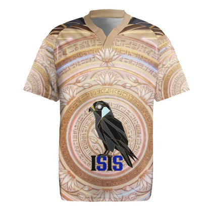 Isis Rugby Jersey with Falcon Symbol and Sacred Geometry in Egyptian