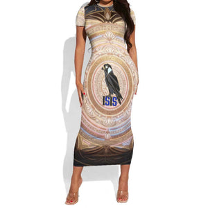 Isis Short Sleeve Bodycon Dress with Falcon Symbol and Sacred Geometry in Egyptian