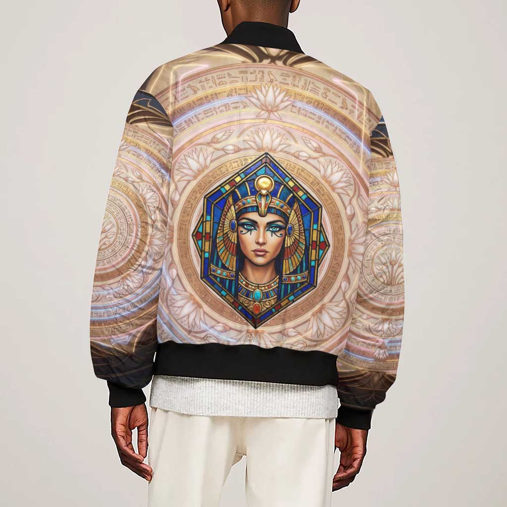 Isis Sleeve Zip Bomber Jacket with Falcon Symbol and Sacred Geometry in Egyptian