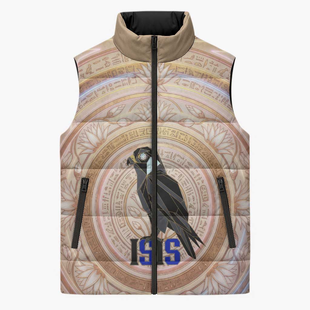 Isis Sleeveless Puffer Jacket with Falcon Symbol and Sacred Geometry in Egyptian
