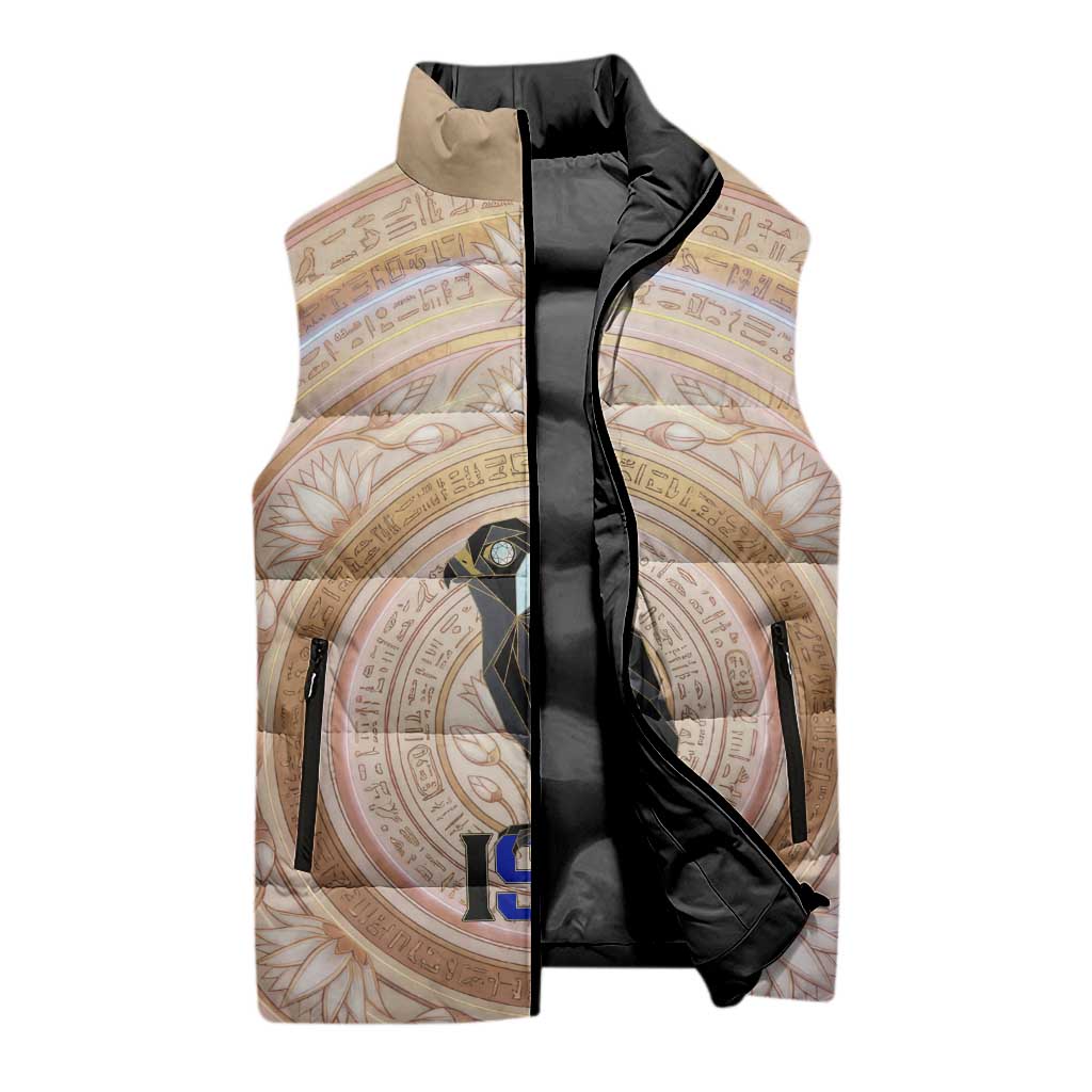 Isis Sleeveless Puffer Jacket with Falcon Symbol and Sacred Geometry in Egyptian