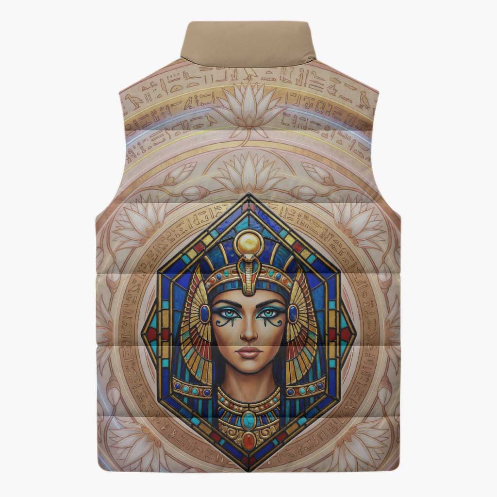 Isis Sleeveless Puffer Jacket with Falcon Symbol and Sacred Geometry in Egyptian
