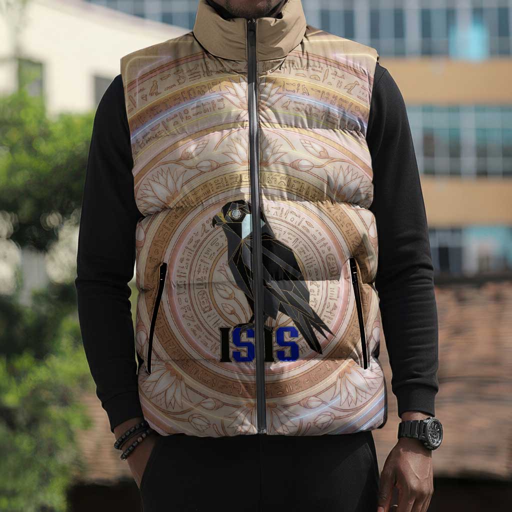 Isis Sleeveless Puffer Jacket with Falcon Symbol and Sacred Geometry in Egyptian
