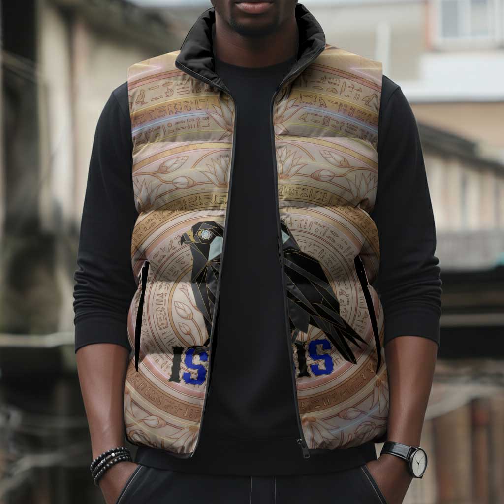Isis Sleeveless Puffer Jacket with Falcon Symbol and Sacred Geometry in Egyptian