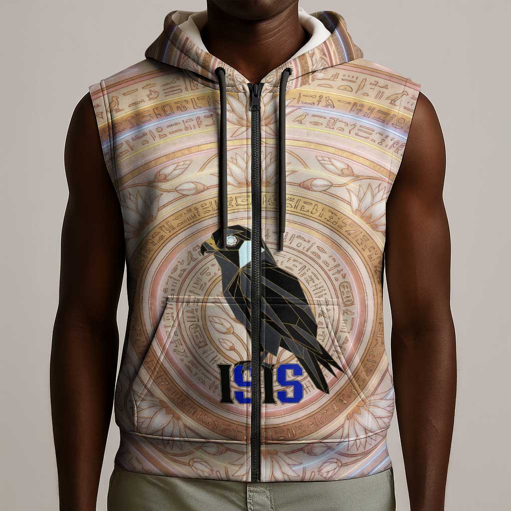 Isis Sleeveless Zip Hoodie with Falcon Symbol and Sacred Geometry in Egyptian