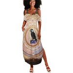 Isis Summer Maxi Dress with Falcon Symbol and Sacred Geometry in Egyptian