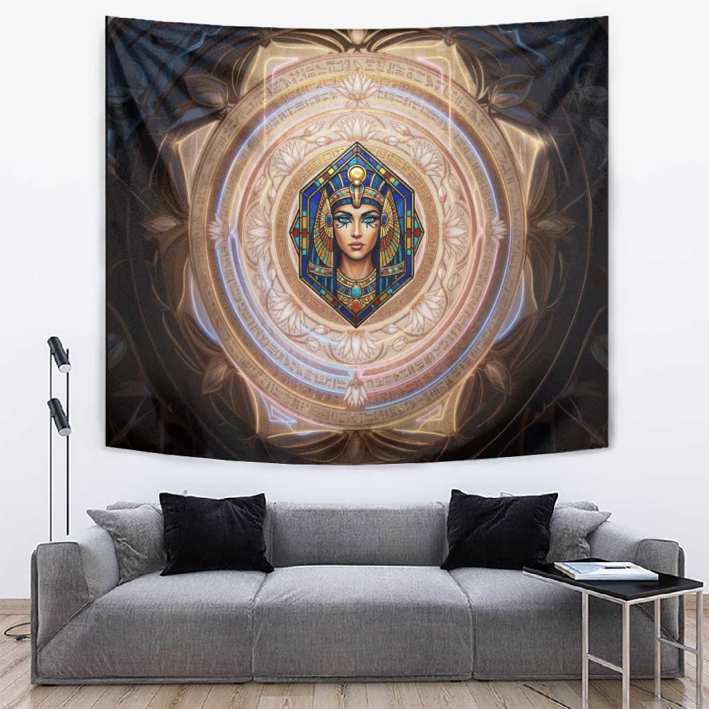 Isis Tapestry with Falcon Symbol and Sacred Geometry in Egyptian