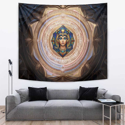 Isis Tapestry with Falcon Symbol and Sacred Geometry in Egyptian
