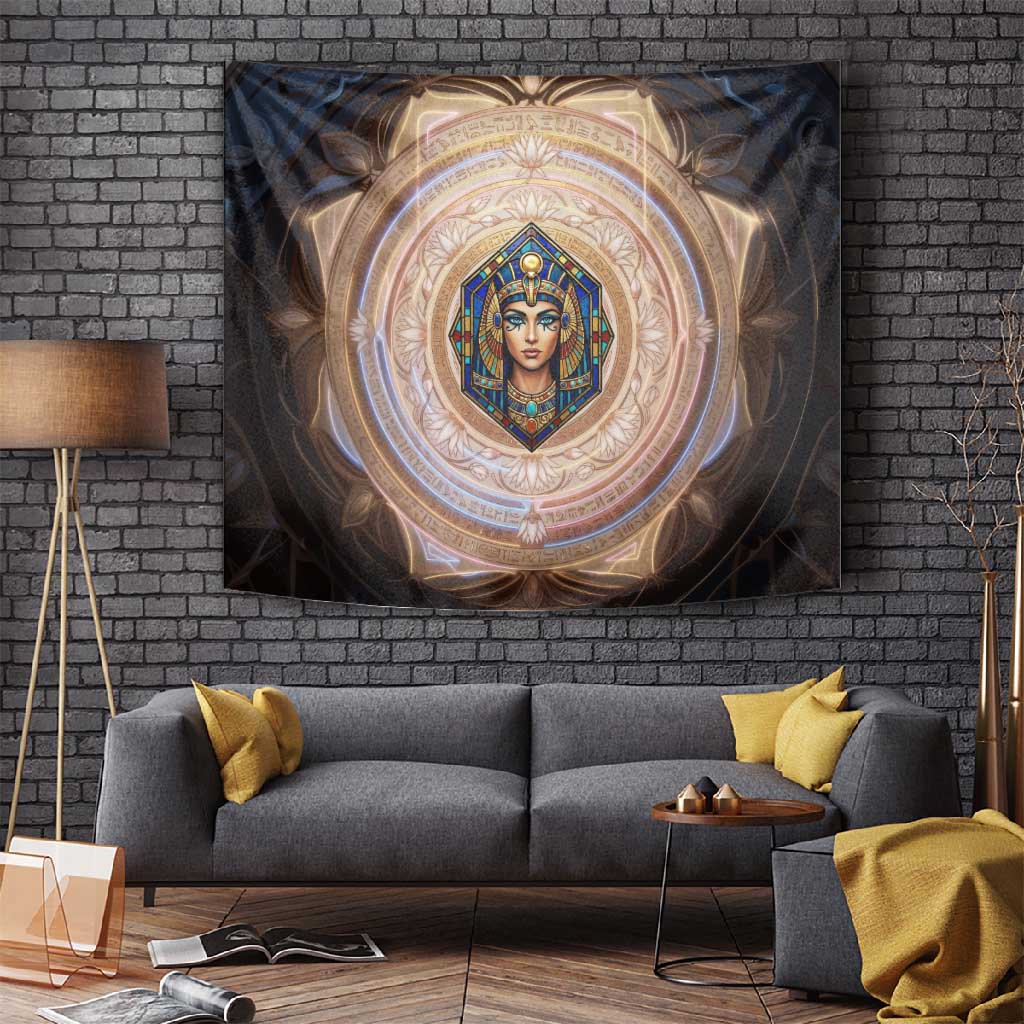 Isis Tapestry with Falcon Symbol and Sacred Geometry in Egyptian