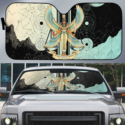 Ma’at Feather Egyptian Auto Sun Shade with Scales Symbolizing Truth and Cosmic Balance