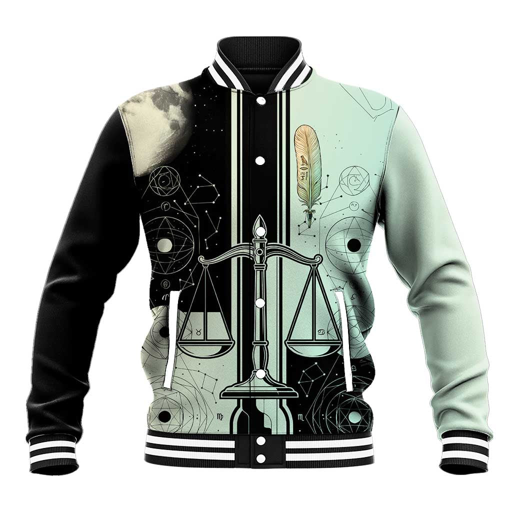 Ma’at Feather Egyptian Baseball Jacket with Scales Symbolizing Truth and Cosmic Balance