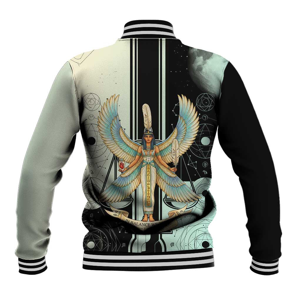 Ma’at Feather Egyptian Baseball Jacket with Scales Symbolizing Truth and Cosmic Balance