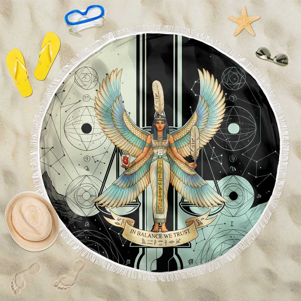 Ma’at Feather Egyptian Beach Blanket with Scales Symbolizing Truth and Cosmic Balance