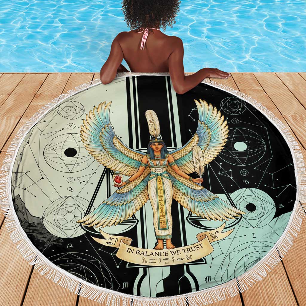 Ma’at Feather Egyptian Beach Blanket with Scales Symbolizing Truth and Cosmic Balance