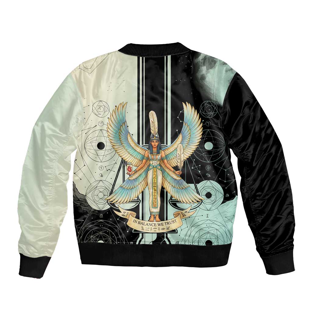 Ma’at Feather Egyptian Bomber Jacket with Scales Symbolizing Truth and Cosmic Balance