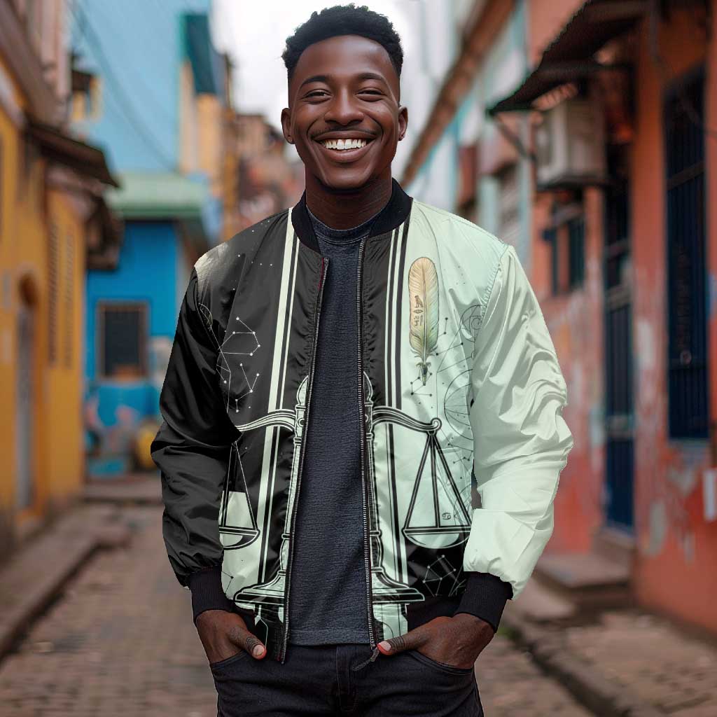 Ma’at Feather Egyptian Bomber Jacket with Scales Symbolizing Truth and Cosmic Balance