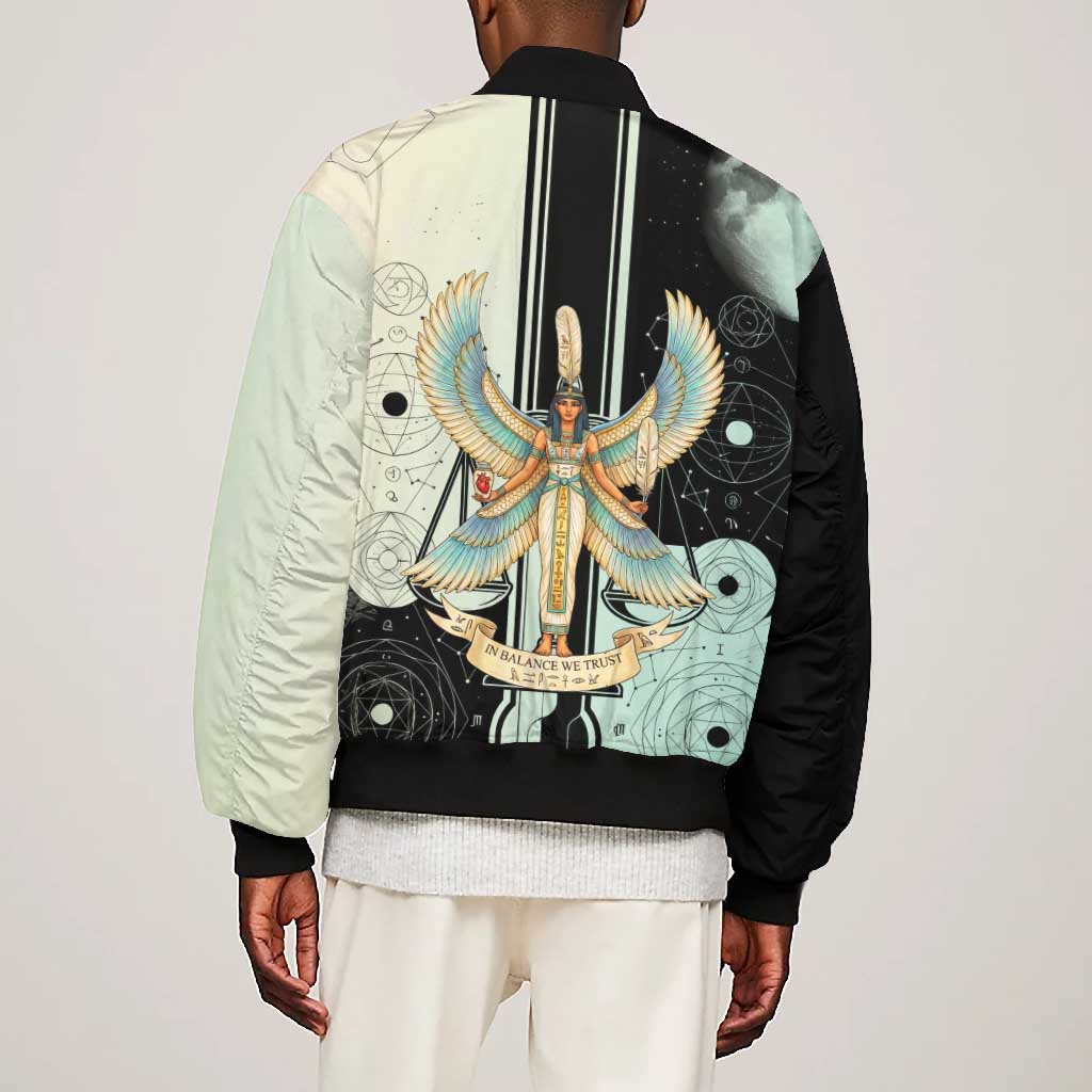 Ma’at Feather Egyptian Bomber Jacket with Scales Symbolizing Truth and Cosmic Balance