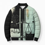 Ma’at Feather Egyptian Bomber Puffer Jacket with Scales Symbolizing Truth and Cosmic Balance