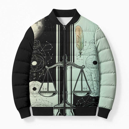 Ma’at Feather Egyptian Bomber Puffer Jacket with Scales Symbolizing Truth and Cosmic Balance