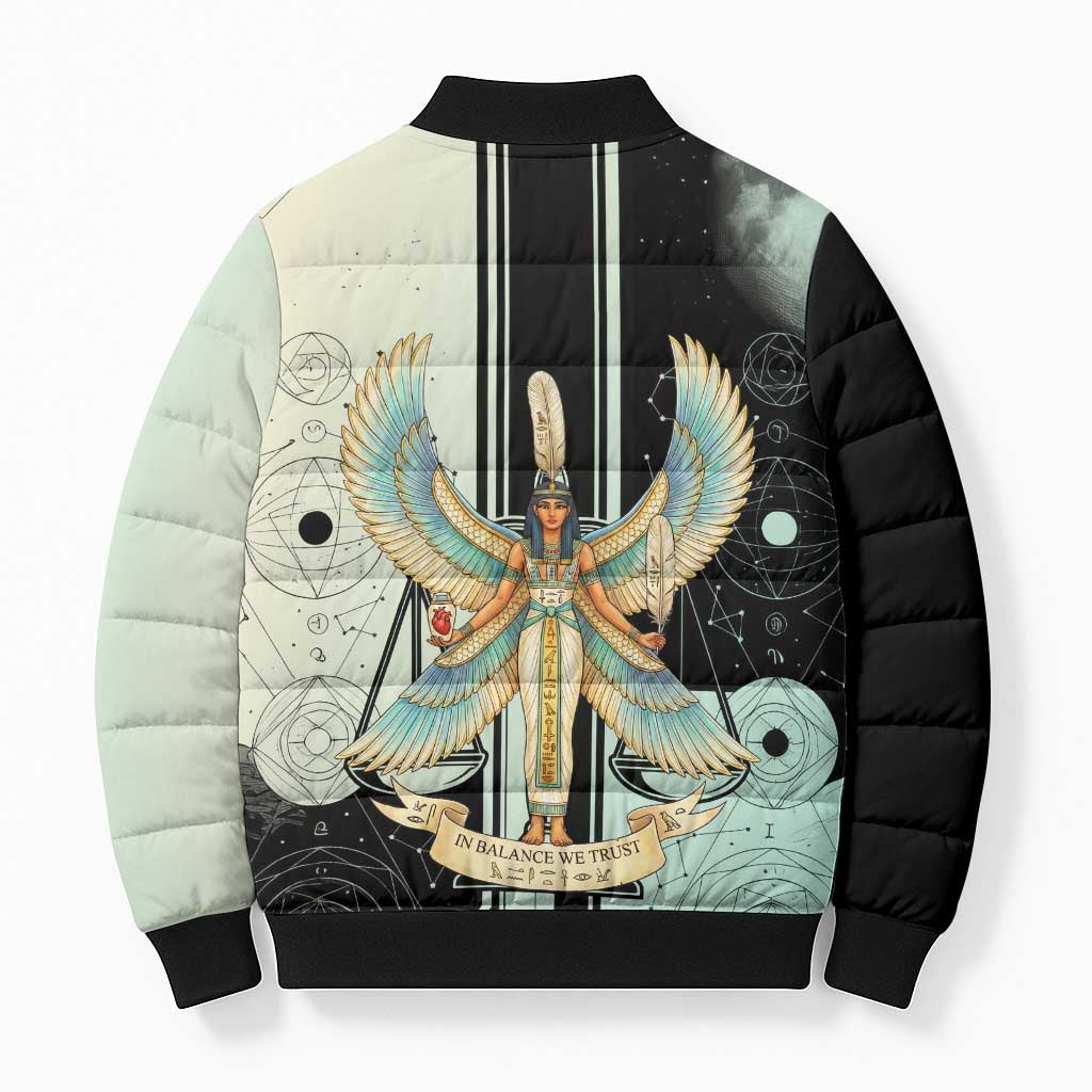 Ma’at Feather Egyptian Bomber Puffer Jacket with Scales Symbolizing Truth and Cosmic Balance