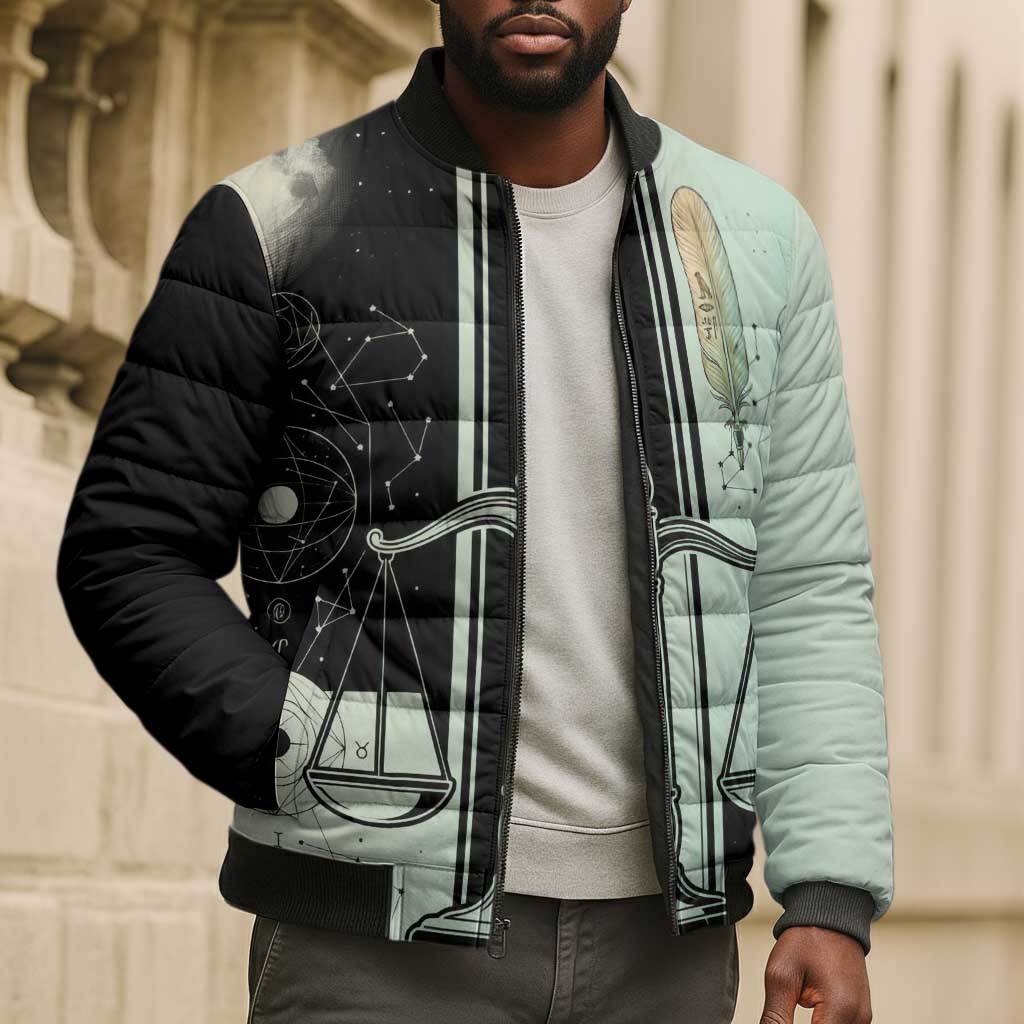Ma’at Feather Egyptian Bomber Puffer Jacket with Scales Symbolizing Truth and Cosmic Balance