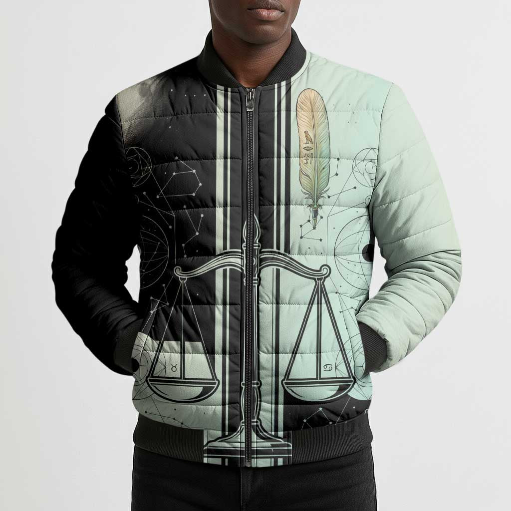 Ma’at Feather Egyptian Bomber Puffer Jacket with Scales Symbolizing Truth and Cosmic Balance