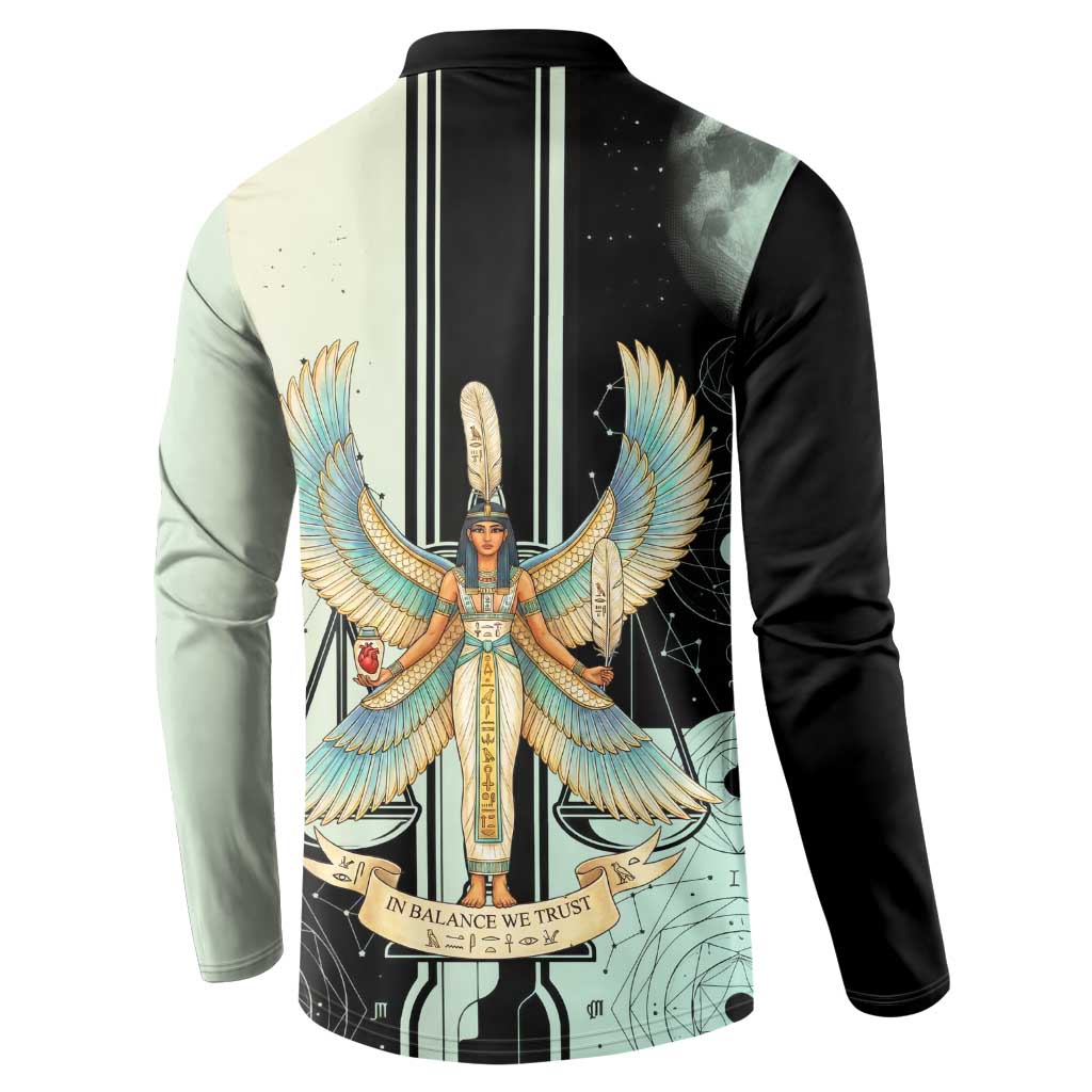 Ma’at Feather Egyptian Button Sweatshirt with Scales Symbolizing Truth and Cosmic Balance
