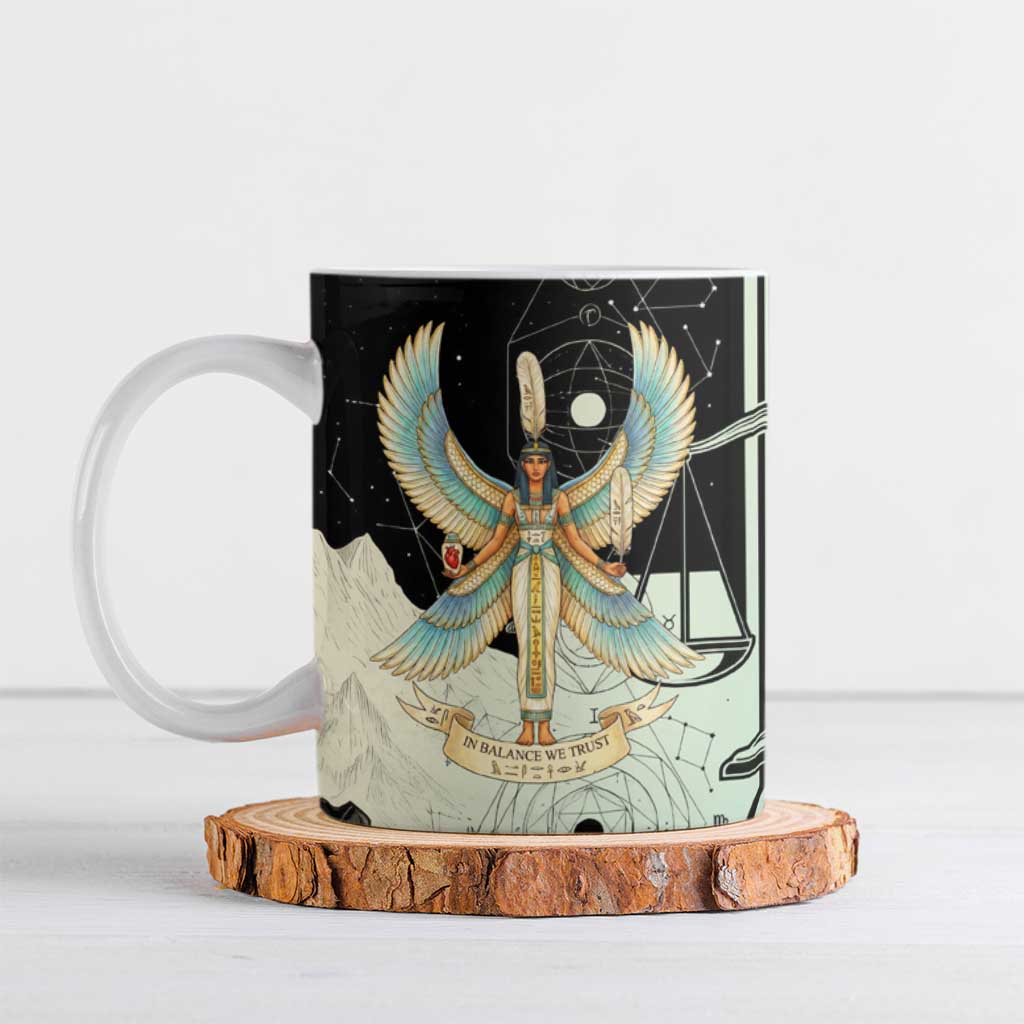 Ma’at Feather Egyptian Ceramic Mug with Scales Symbolizing Truth and Cosmic Balance