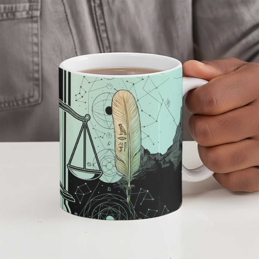 Ma’at Feather Egyptian Ceramic Mug with Scales Symbolizing Truth and Cosmic Balance