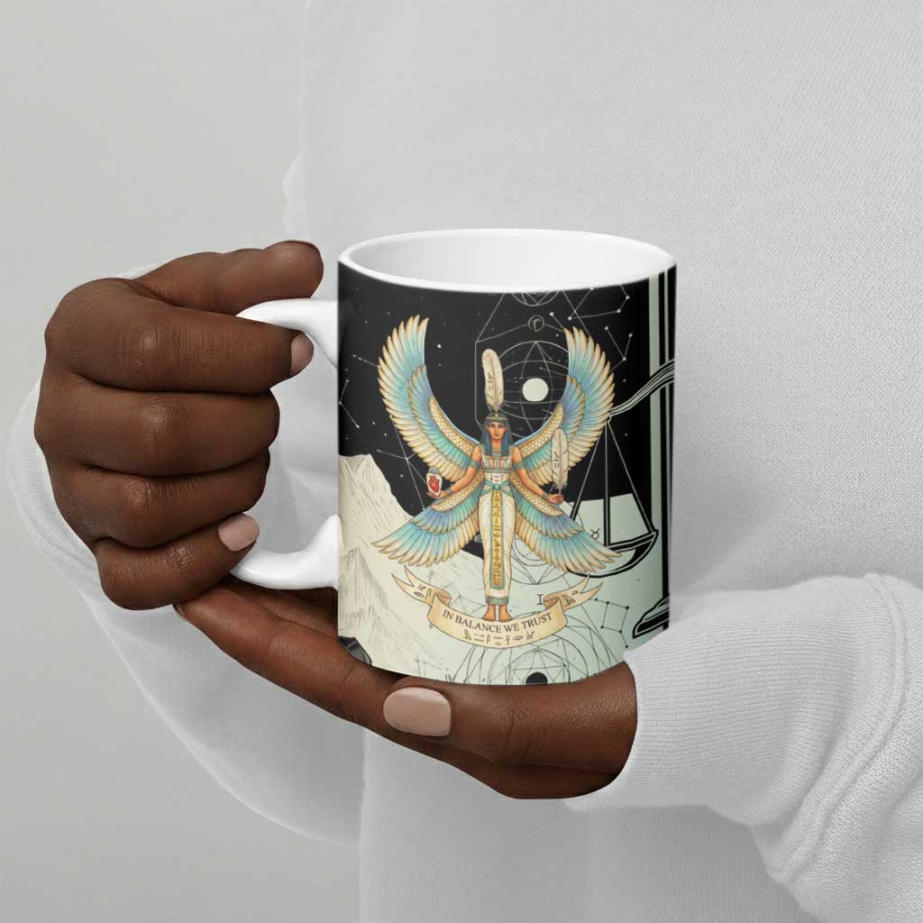 Ma’at Feather Egyptian Ceramic Mug with Scales Symbolizing Truth and Cosmic Balance