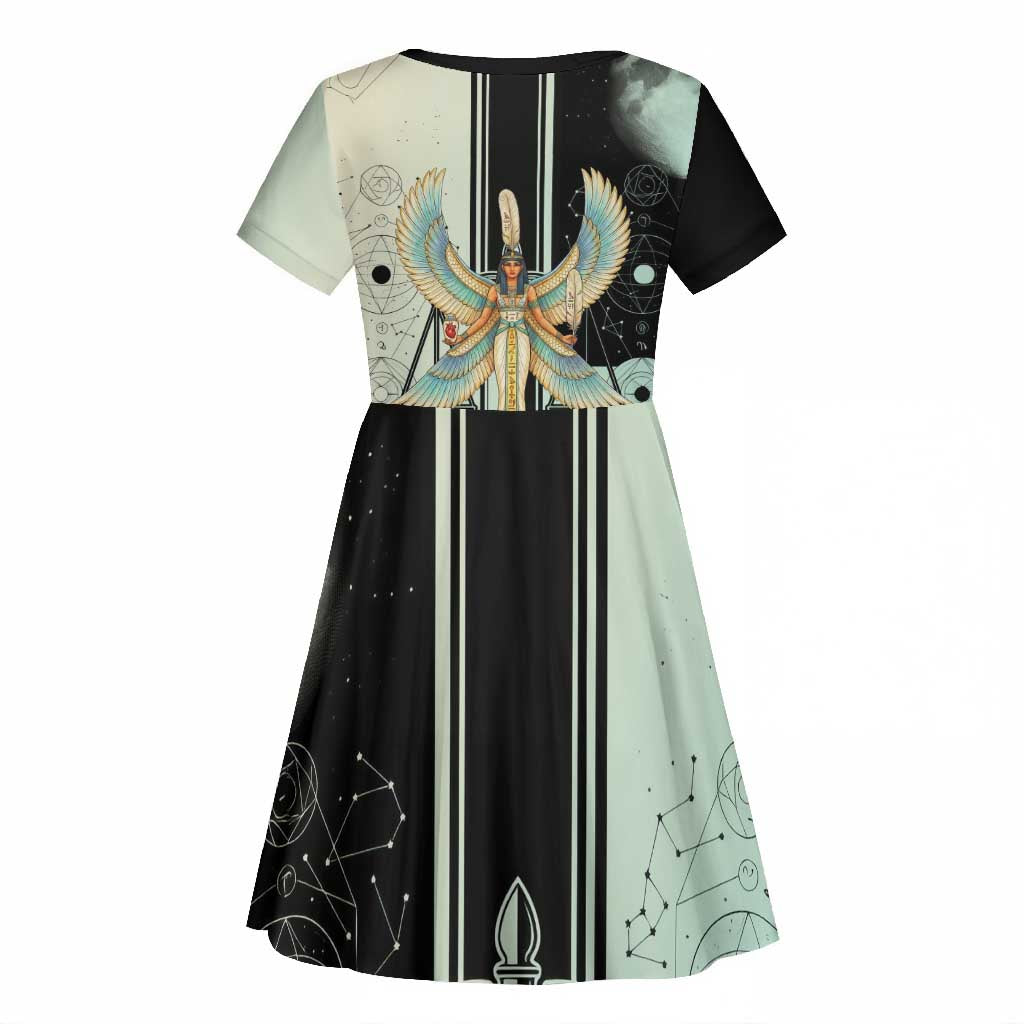Ma’at Feather Egyptian Kid Short Sleeve Dress with Scales Symbolizing Truth and Cosmic Balance